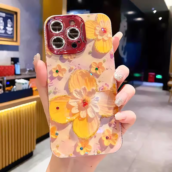 INS oil painting fresh yellow flower flash lens film phone case girl anti-drop personality creative silicone phone case for iPhone