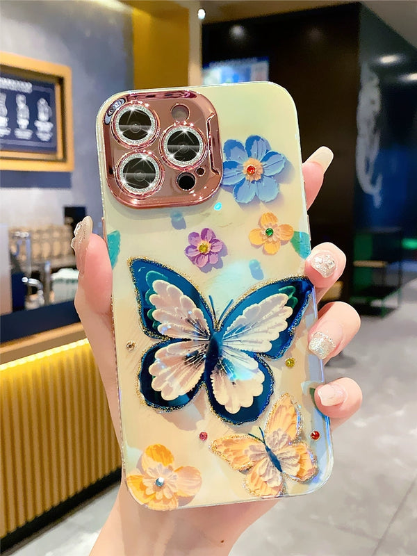 Flash lens film oil painting butterfly flower anti-drop silicone phone case for iPhone